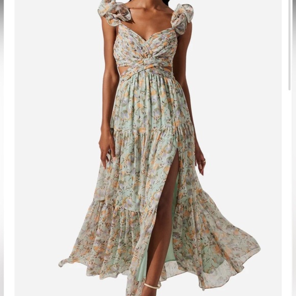 NWT ASTR The Label Fritillaria Maxi Dress Mint Purple Floral Sz S Ruffle Cutout - Picture 4 of 17